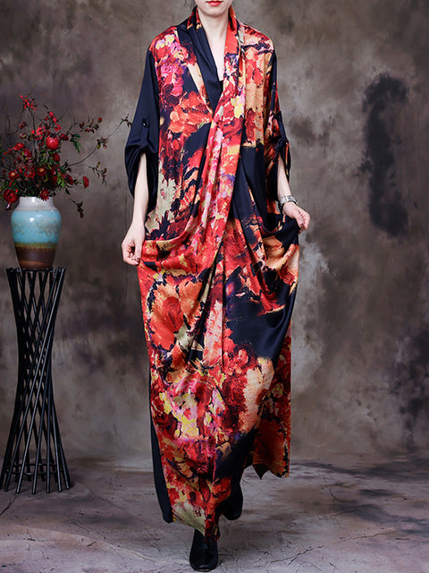 Plus Size -Drape Floral Vintage Γυναικείο Ρετρό Μάξι Φόρεμα