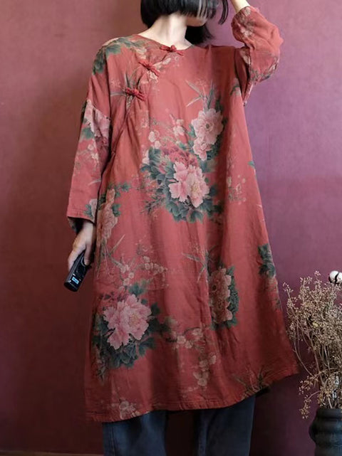 Robe décontractée en coton imprimé vintage pour femmes, grande taille