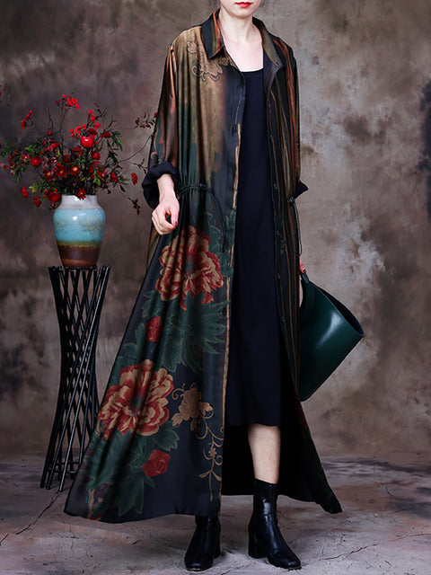 Plus Stærð Kvenna Vintage Print Loose Long Coat