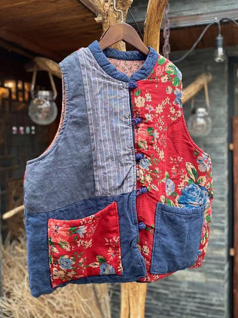 Gilet ample patchwork vintage 100 % lin pour femme