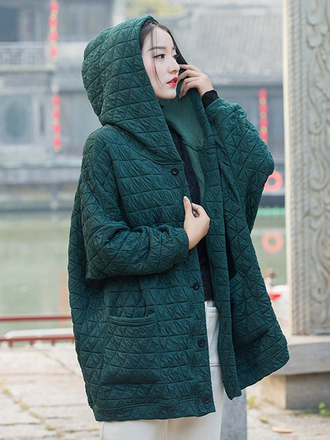 Plus Size Kvinder Vinter Casual Button Pocket Hooded Coat