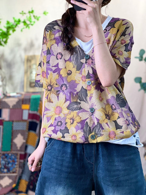 Chemise décontractée à col en v et boutons tricotés à fleurs pour femmes, printemps