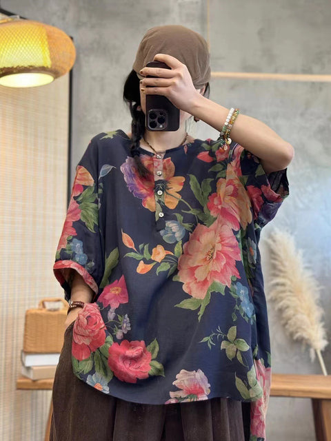 Plus Size Damen Sommer Casual Blumen Knopf Lose Pullover Shirt