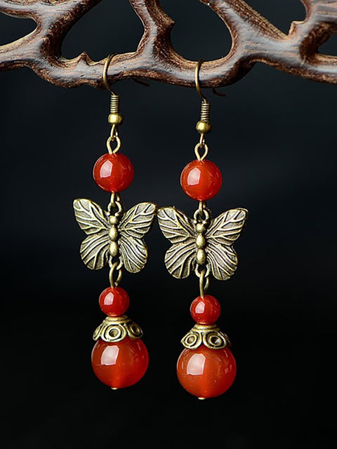 (2 paires) boucles d'oreilles rétro papillon en agate rouge