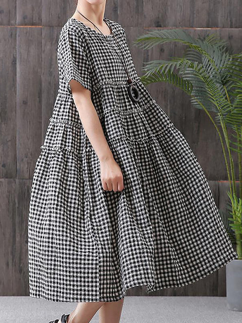 Robe à carreaux à manches courtes 100 % coton grande taille