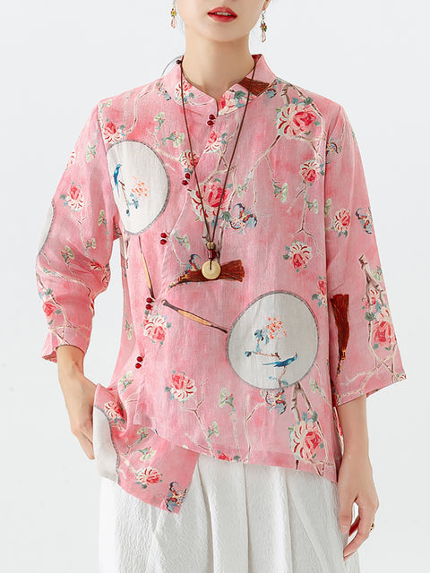 Talla PLUS - Camisa irregular informal vintage con estampado floral de lino