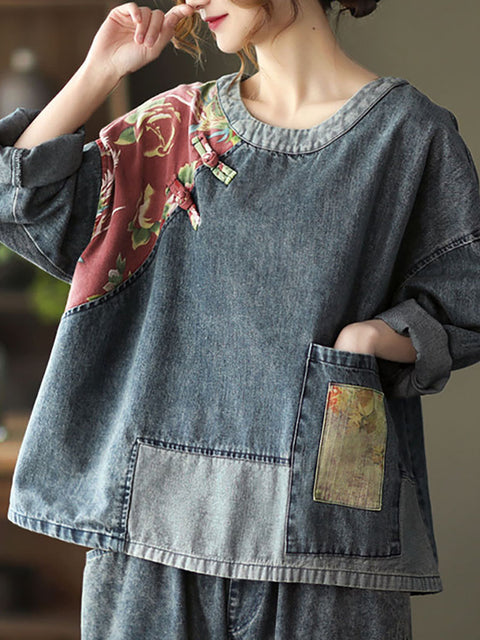 Plus Size Dame Retro Stitching Patchwork Print Blomster denim Sweatshirt