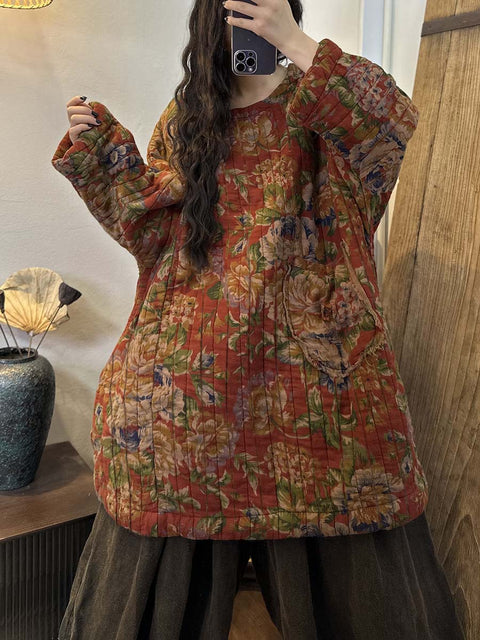 Plus Size Kvinner Vinter Etnisk Floral Print Lomme Løs varm frakk